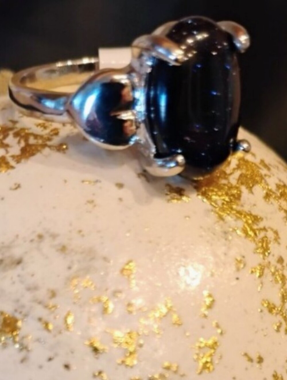 Sterling Silver Plated Black Blue Stone With Sparkles Through Out Heart On Sides